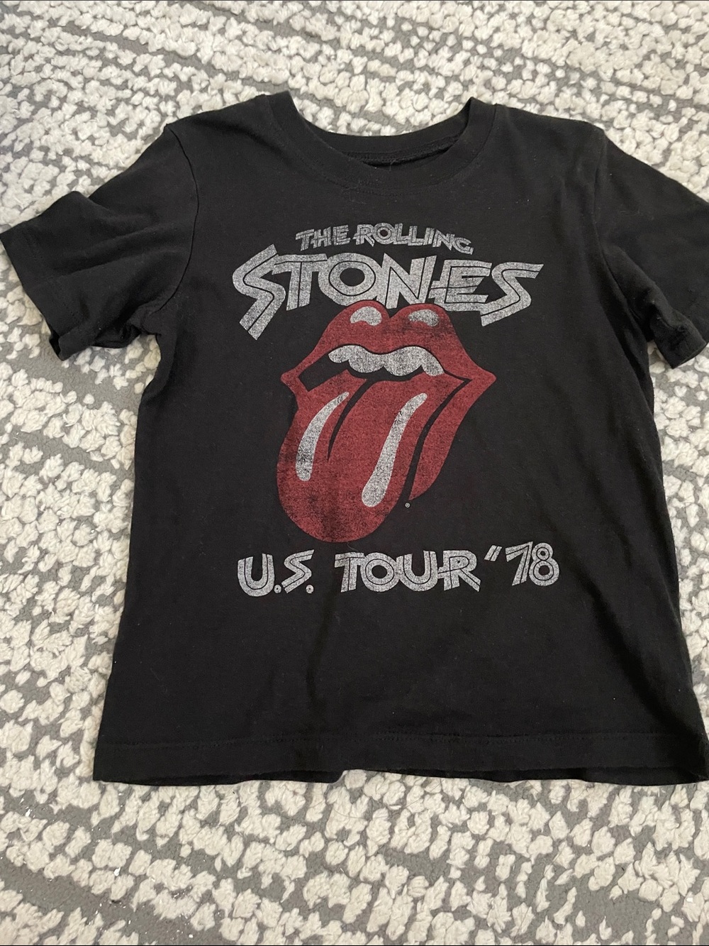 the Rolling Stones Black Kids Tee with Red Tongue and Silver Print